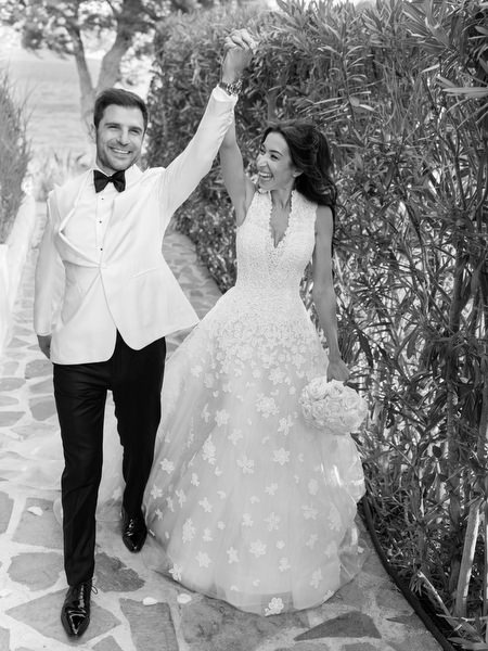 Joyful bride and groom portrait at luxury Athens destination wedding