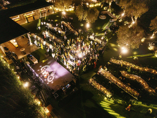Night aerial of luxury wedding at The Residence at Island Athens