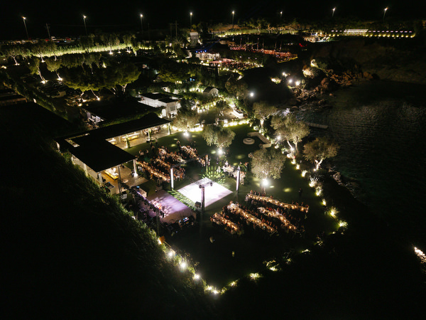 Night aerial of Island Resort Athens Riviera wedding reception