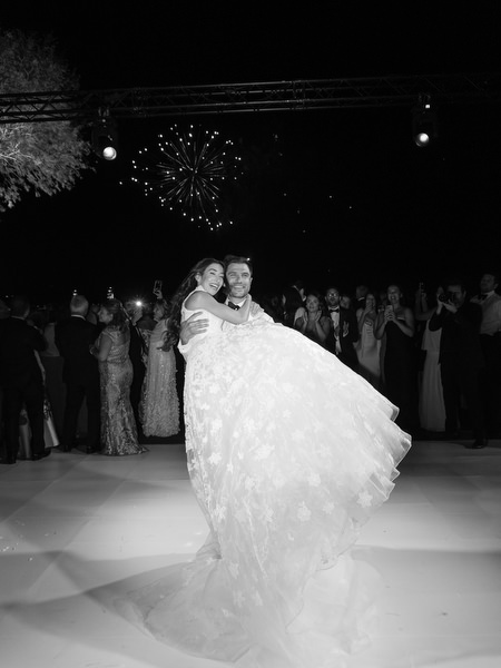 Classic black-and-white wedding celebration moment