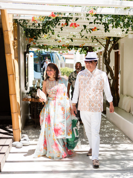 Couple parents arriving at pre-wedding brunch celebration in Athens
