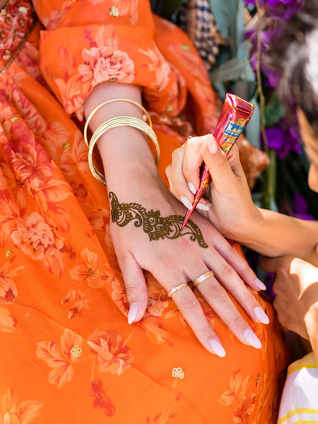 Close-up of Mehndi henna design on woman's hands