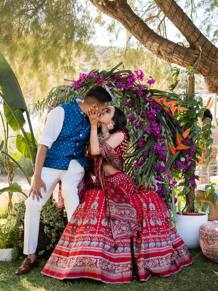Bride and groom portrait in garden during Indian destination wedding