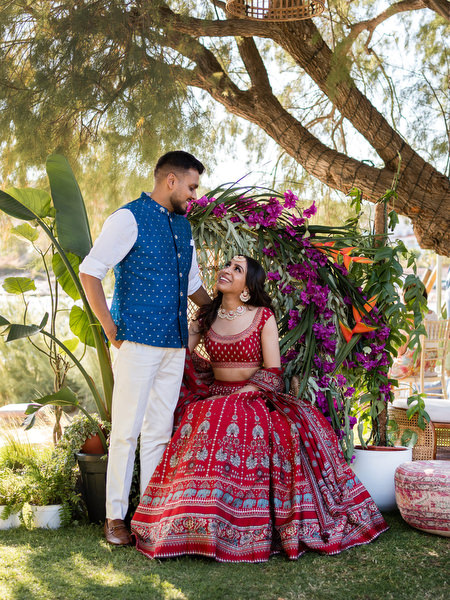 Bride and groom portrait in garden during Indian destination wedding