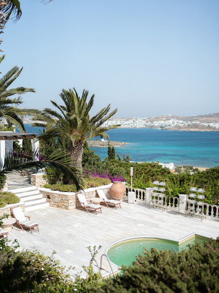 Petra Farm Paros wedding venue with infinity pool and panoramic Aegean Sea views.