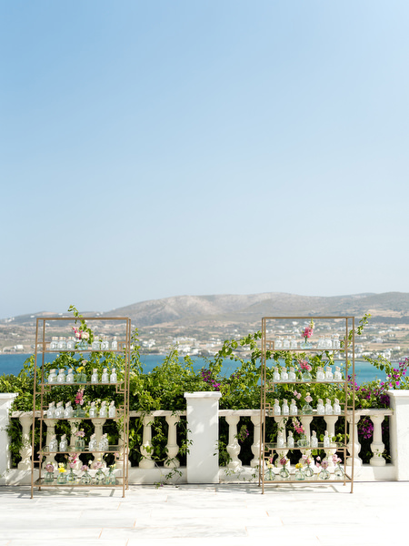 Wedding reception terrace with sea view at Petra Farm Paros Greece.
