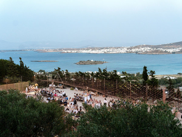 Paros coastline view during sunset wedding reception at Petra Farm.