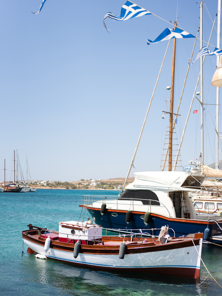 Sailboat docked in Paros marina during wedding boat excursion