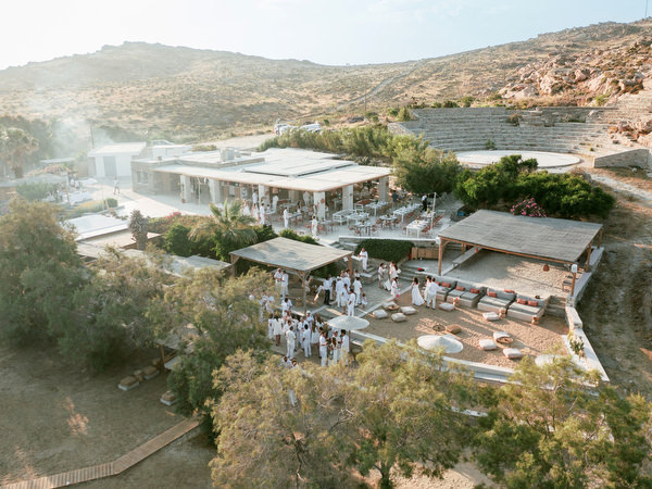 Aerial view of Monastiri Beach venue in Paros during wedding weekend
