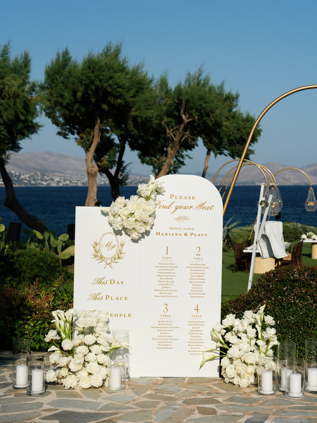 Wedding welcome signage and floral arrangements at The Residence Island Resort Athens Riviera.