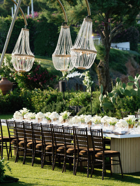 Luxury wedding reception layout at The Residence Island Resort overlooking Athens Riviera