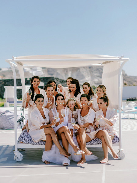 Bridal party at Eros Santorini wedding morning.