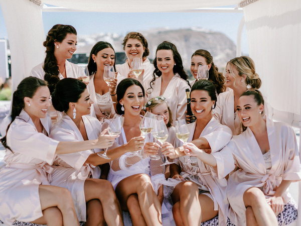 Boho-luxe Santorini wedding morning celebration.