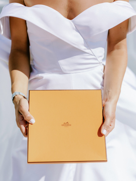 Hermès wedding gift detail at Santorini luxury wedding.