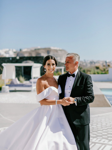 Bride and father portrait Santorini destination wedding.