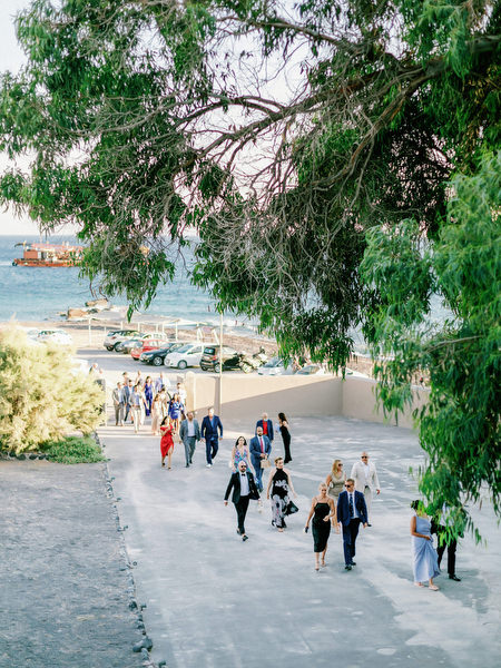Guests arriving at Arts Factory Santorini cocktail hour.