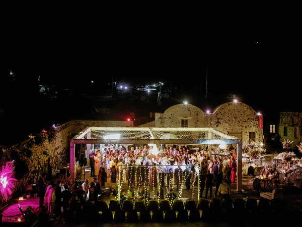 Night aerial view of Arts Factory Santorini reception.