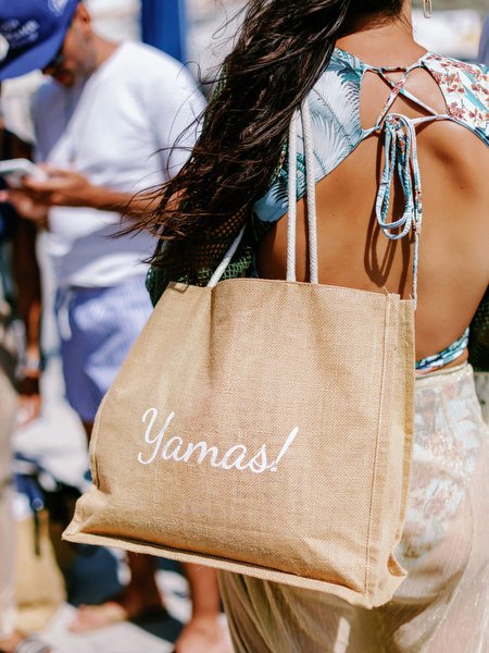 Wedding welcome bag detail during Santorini sailing celebration