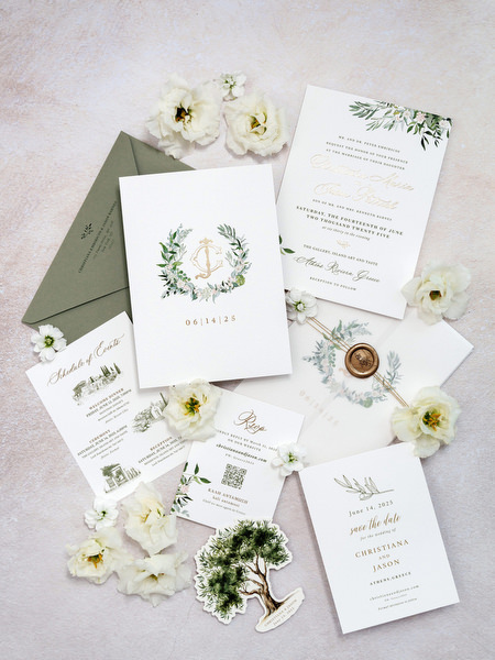 Luxury wedding invitations with green accents for Athens Riviera wedding.