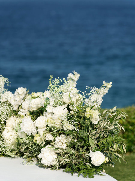 White wedding flowers at Island Resort Athens Riviera ceremony.