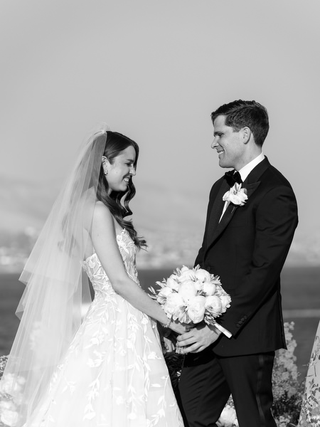 Black and white wedding portrait at Island Resort Athens Riviera.
