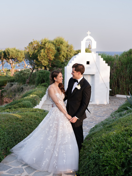 Bride and groom portrait at Island Resort Athens Riviera chapel.