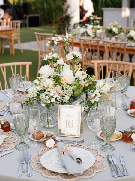 Luxury wedding table styling at Athens Riviera reception.