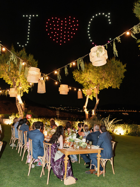 Drone light show at Island Resort Athens Riviera wedding reception.