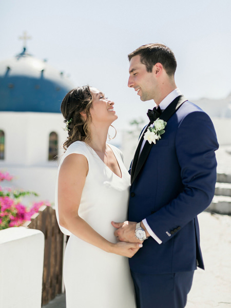 Luxury Santorini wedding portrait before ceremony at Venetsanos Winery.