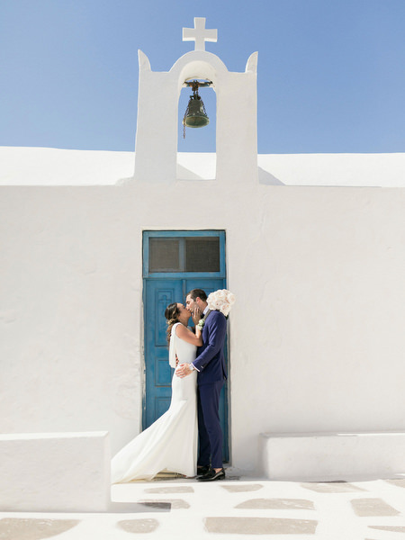 Santorini chapel wedding portrait before Venetsanos Winery wedding.