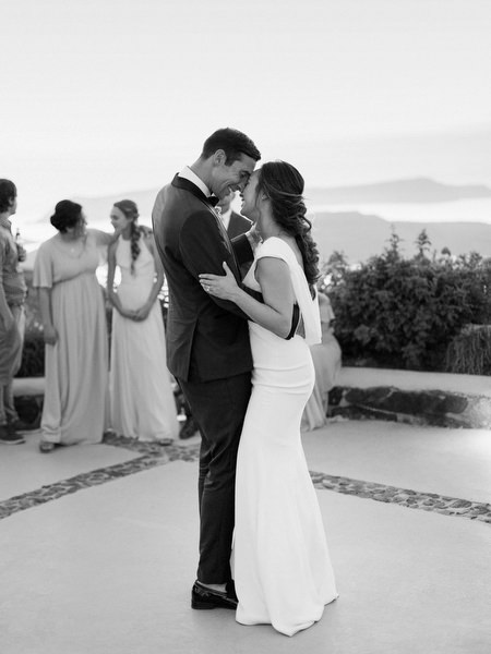 Black and white first dance at Venetsanos Winery Santorini.
