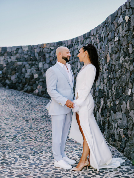 Bride and groom portrait during Santorini wedding welcome party