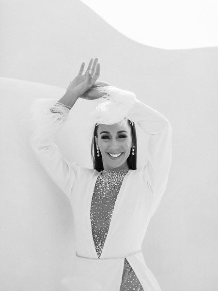 Bride with white dress detail during Santorini welcome party
