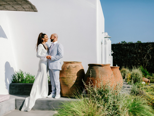 Romantic portrait of couple at Santorini wedding venue