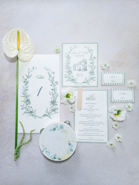 Elegant wedding stationery and floral details for a destination wedding in Aegina