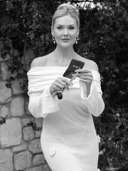 Black and white bridal portrait during wedding preparations on Aegina island