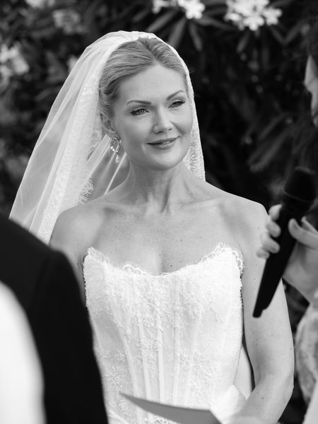 Black and white bridal portrait during the emotional outdoor ceremony in Aegina