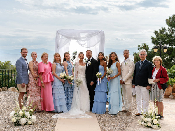 Large family group photo during a destination wedding in Aegina