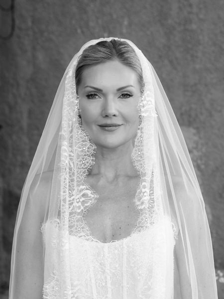 Black and white close-up bridal portrait with veil during an elegant Aegina wedding