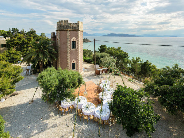 Elevated view of Pyrgos Ralli and the sea during an Aegina destination wedding