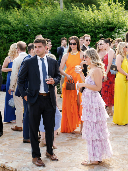 Elegantly dressed guests arriving for Kristen and Steven’s destination wedding near Athens