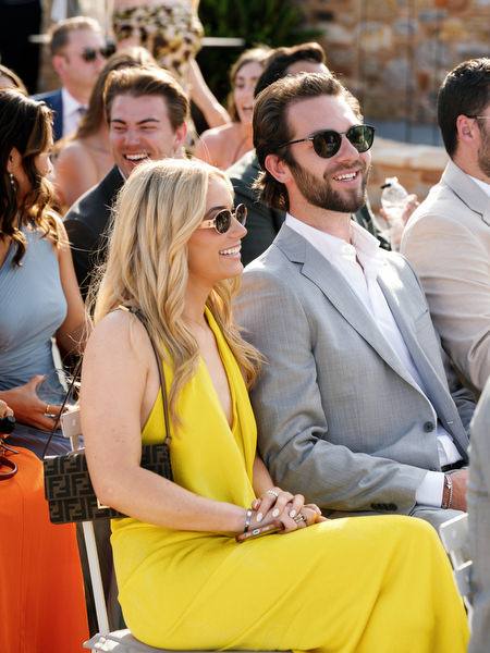 Wedding guests seated outdoors during the elegant Pyrgos Petreza ceremony