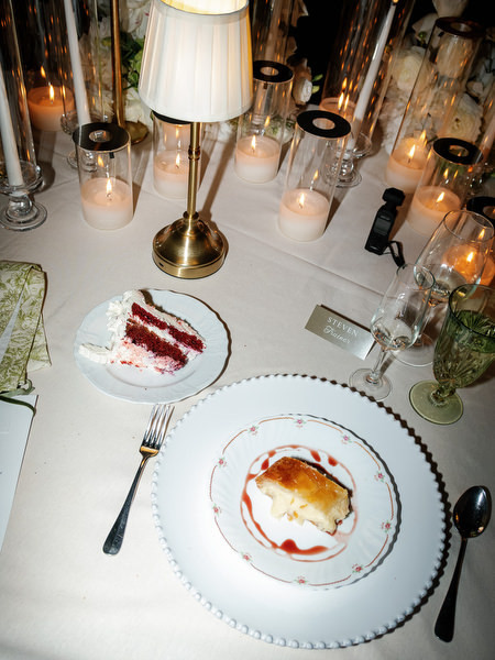 Late-night dessert and drink table details during the wedding celebration